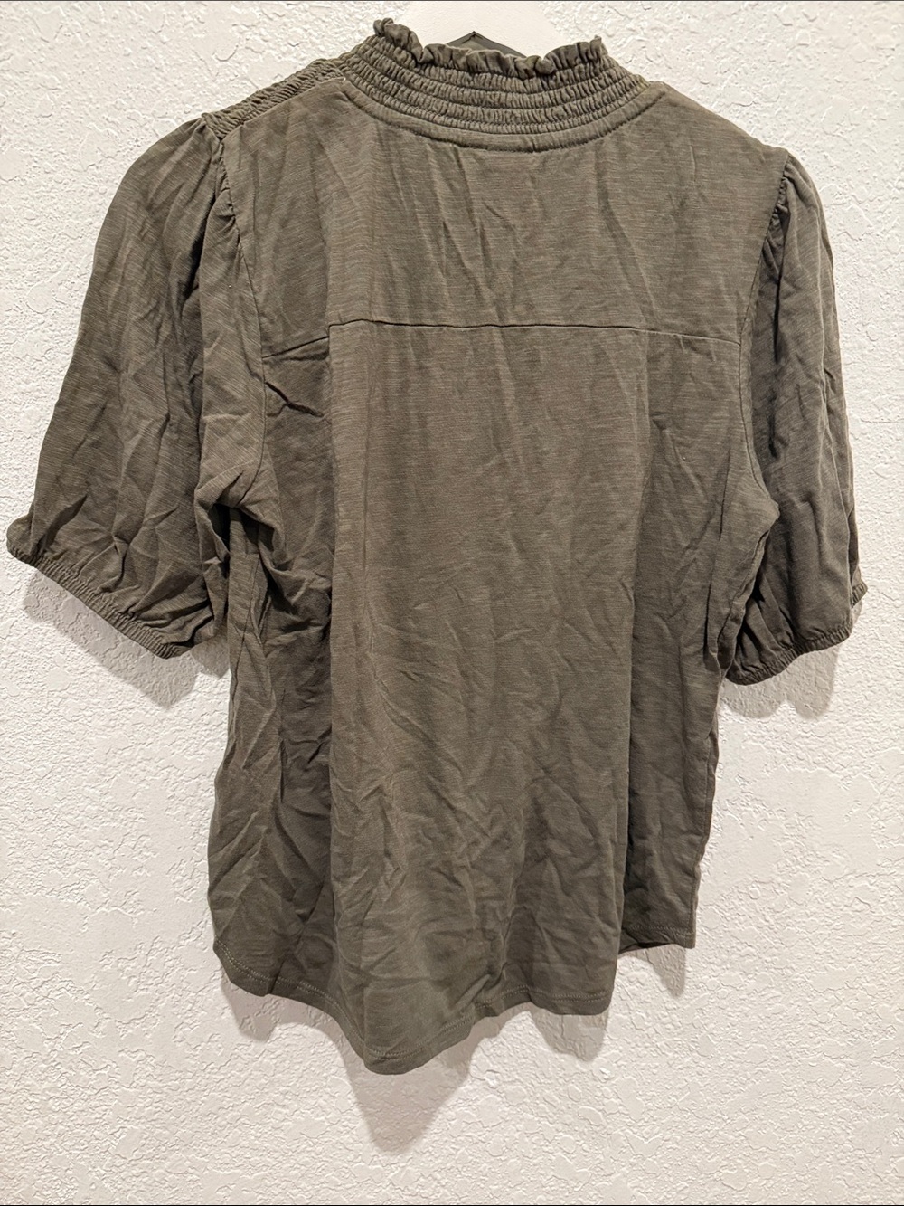Knox Rose Olive Green Smocked Yoke Henley Blouse - Picture 3 of 3